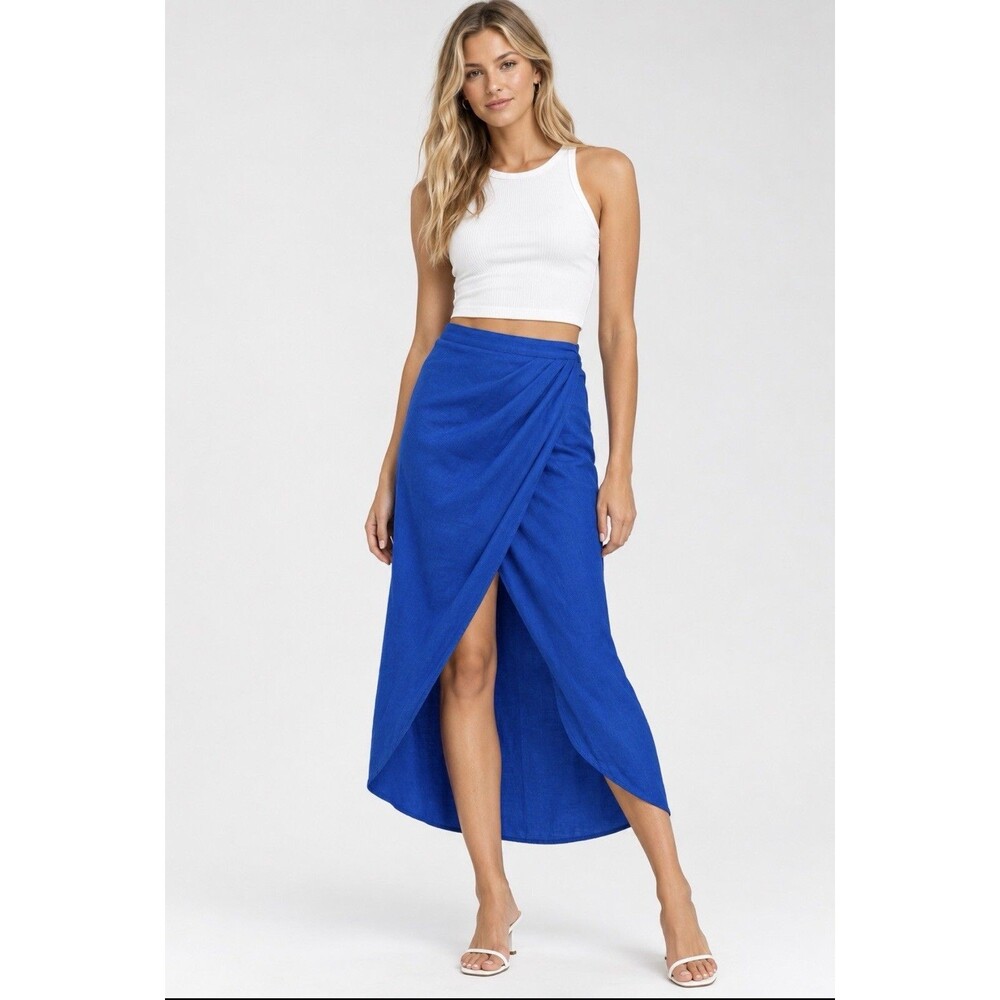 Zara Cobalt Blue satin Wrap Midi Skirt Button Size XL